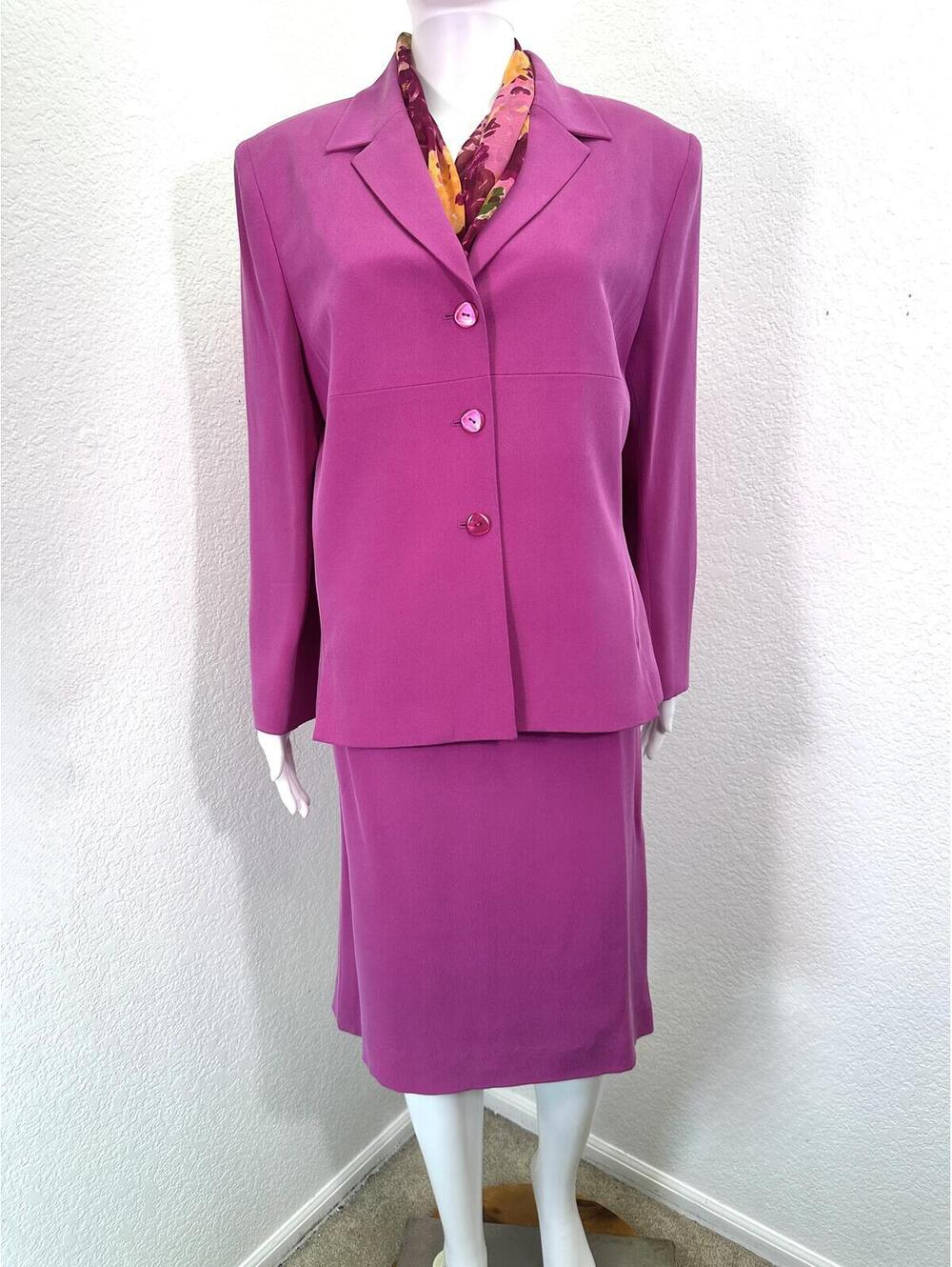 Sz 16P Kasper ASL Fuschia Pink Silk Suit Blazer Pencil Skirt Business - Picture 1 of 9